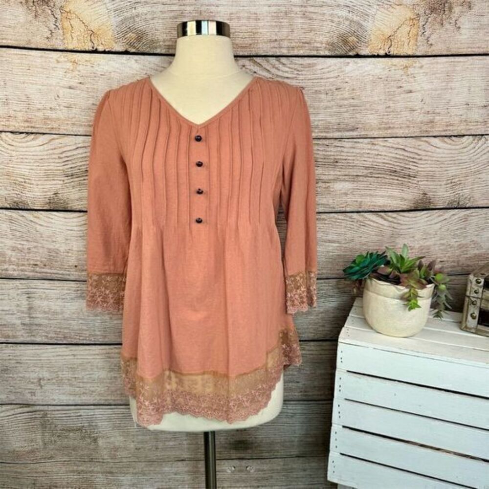 5/$25 SHEIN Women's Peach Lace Trim Tunic Top V-Neck 3/4 Sleeve Size S
